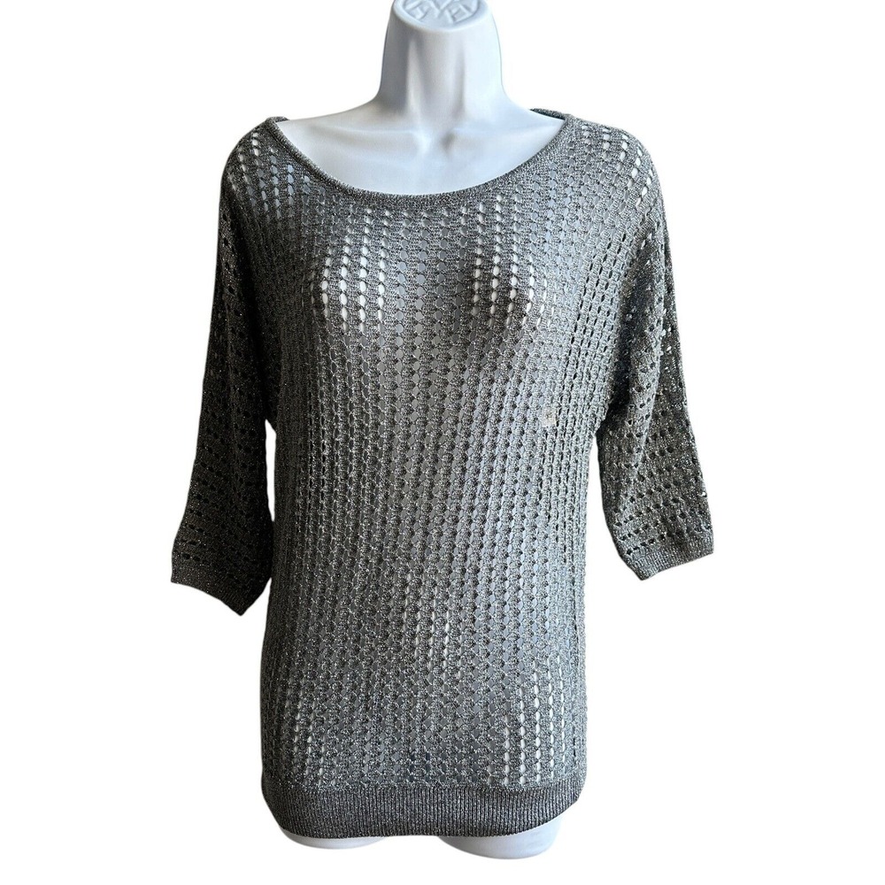 Express Knit Top Dolman Sleeve Metallic Gray Sweater Open Weave XS NWOT Sheer